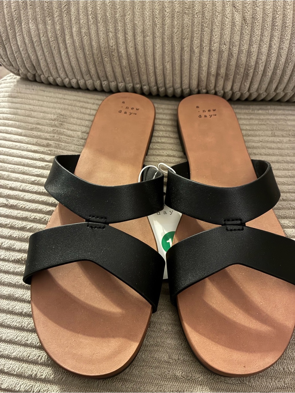 a new day Black Double-Strap Slide Sandals with Tan Footbed